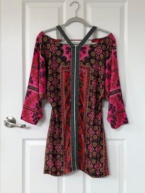 FARM Rio Pink Printed Mini Boho Dress with Embroidered Halter Neck